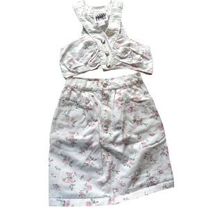EXTRA BLUES women's size 1 vintage floral denim skirt & XS crop top tank set